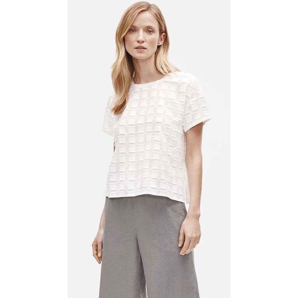 Eileen Fisher Shadow Square Top Large White Organic Cotton Textured Boxy Natural
